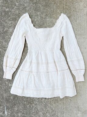 American Eagle Smocked Lace Trim Mini Dress Cream Long Sleeve Small